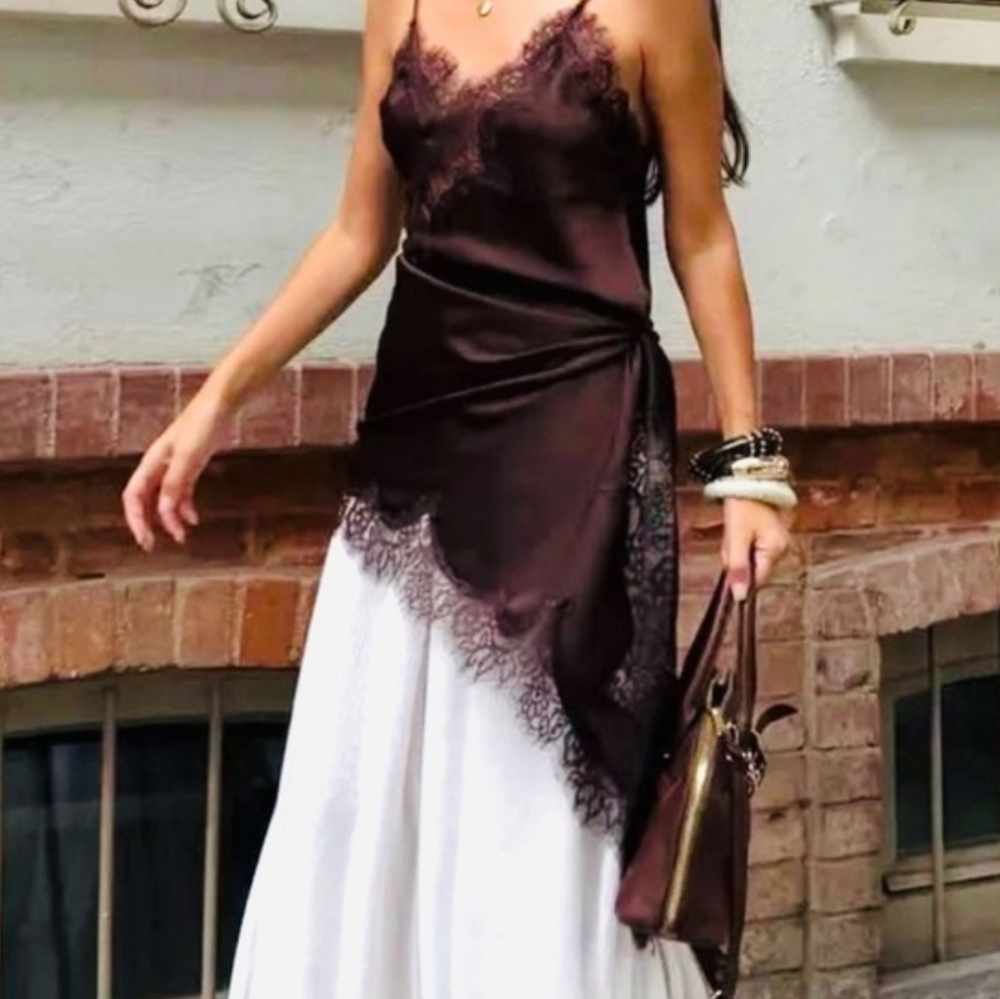 Satin Lace Trim Camisole - Brown